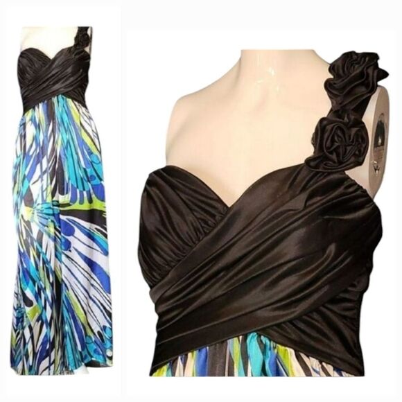 My Michelle One Shoulder Peacock Maxi Dress Colorful Satin Sweetheart Rosette - Picture 1 of 15